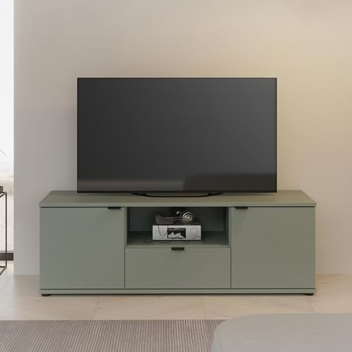 Forte Ganymede TV-Schrank 130, minimalistisches Lowboard, 2-türig, 1 Schublade, offenes Fach, Holzwerkstoff, Wohnzimmer, Salbei, 129,8 cm breit x 43,9 cm hoch x 41,3 cm tief