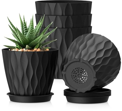 WSMKSZ 15 cm Plant Pots for Indoor Outdoor Plants, 5 Pack Thick Plastic Flower Pots with Drainage Holes and Saucers, 3D Modern Wave Texture, Decorative House Plant Pots for Pothos, Peace Lilys, Black