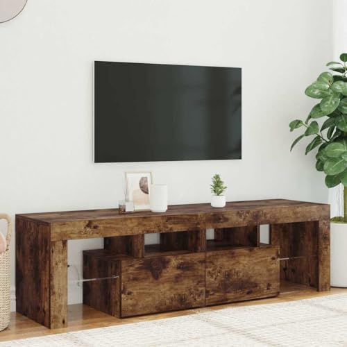Meuble TV Moderne avec Éclairage LED RGB, Meuble Média en Bois d'Ingénierie Chêne Fumé 140 cm, Grand Rangement pour Salon et Salle de Séjour, Design Pratique et Tendance
