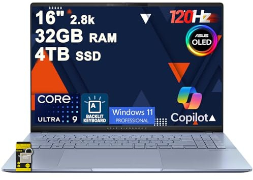 ASUS Vivobook S16 AI PC Laptop 16 2.8k OLED 120Hz (600nits HDR, 100% DCI-P3) Intel 16-core Ultra 9 285H 32GB DDR5 4TB SSD Backlit for Creator Business Professional Work Win11Pro ICP Hub