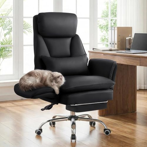 Ckaff Bürostuhl Chefsessel Ergonomisch, Gaming Stuhl mit 5-Stufig Verstellbare Armlehnen & Fußstütze, PU Leder Schreibtischstuhl mit 135° Verstellbarer Rückenlehne & Lendenwirbelstütze, Schwarz