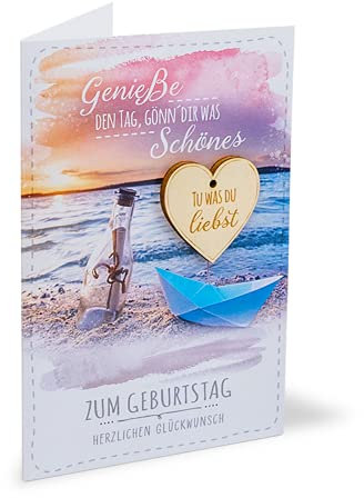 KE - Glückwunsch-Karte zum Geburtstag, mit Umschlag, DIN B6, Geburtstagskarte Maritim, Holzherz Anhänger, Motiv: Flaschenpost Meer