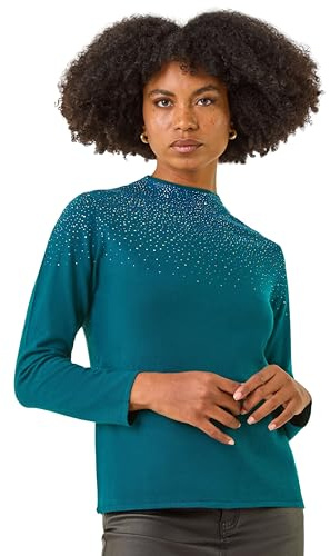 Roman Originals Diamante Sequin Jumper for Women UK Ladies Sparkly Glitter Sweater Embellished Smart Casual Autumn Winter High Neck Knitwear Knitted Pullover