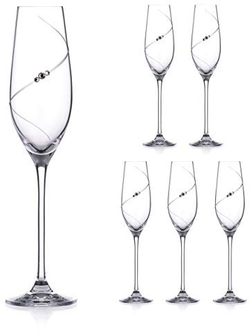 DIAMANTE Champagne Flutes Prosecco Glasses with ‘Silhouette’ Hand Cut Design Embellished with Crystals - Set of 6