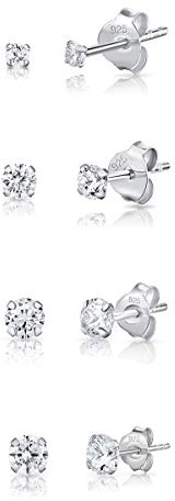 Conjunto de Pendientes de Botón Pequeños Plata de Ley 925 con Circonitas - Pack de 3 Pares de Pendientes Hombre Mujer Estilo Diamante - Diámetro 2, 3, 4, 5 mm