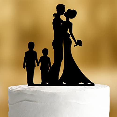 Cake Topper Brautpaar mit Kindern Jungen [großer Junge, kleiner Junge] - Acryl deko schwarz Hochzeitstorte Kuchen deko Hochzeit Tortendekoration Verlobung Tortendeko