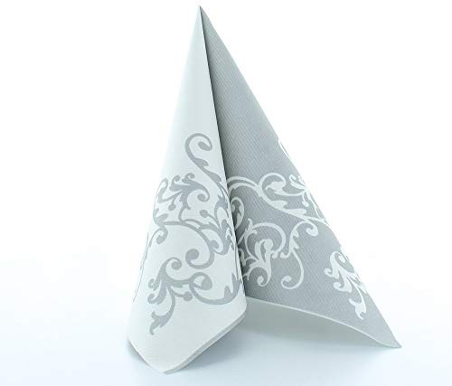 Mank Airlaid Servietten 40x40cm perfekt für Silberhochzeit stoffähnlich und saugstark 50 Stück Pomp (Silber-Weiß)