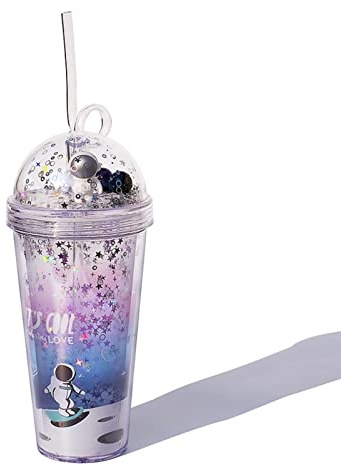 Tazza d'acqua da 450 ml con cannuccia e coperchio, bottiglia d'acqua a doppia parete a prova di perdite, da viaggio, con coperchio in paglia, per regali