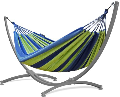 Potenza Outdoor Hängematte mit Gestell für 2 Personen I Baumwolle Doppelhängematte XXL 220x160cm, 200kg I Hängemattengestell 220kg, wetterfest (Gestell Grau, Grün)