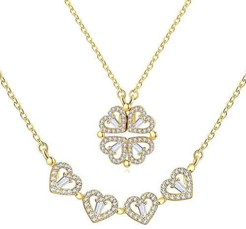 FPEAOB Herzkette Kleeblatt Kette Magnetisch Halskette Damen Silber 925 Vergoldet Zirkonia Glückskette Damen Kette mit Kleeblatt Anhänger Glücksbringer Halskette Glück Kette Blattanhänger Herzanhänger