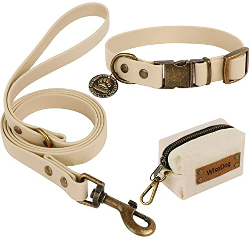 Wisedog Hundehalsband und Leine Set Combo: Einstellbare langlebige Haustier Halsbänder mit Hundeleinen für kleine mittlere große Hunde, enthält einen Bonus von Poop Bag Holder (XS, Beige)