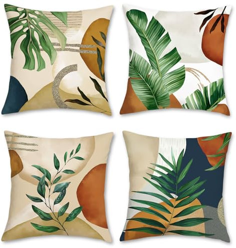 Bonhause 4er Set Kissenbezüge Blätter Boho 45 x 45 cm Moderne Abstrakt Kunst Samt Soft Dekorative Kissenhülle Zierkissenbezüge für Sofa Schlafzimmer Wohnzimmer Auto Zuhause Dekoration
