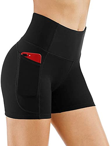 KOEMCY Korta sportbyxor, dam, hög midja, yoga, sportshorts med fickor, korta byxor, leggings, cykelbyxor, löparbyxor, ogenomskinliga, sommar, hotpants för gym, fitness, träning, yoga, svart, L