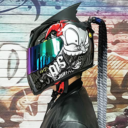 DXDRT Motorrad-Integralhelme Für Erwachsene Männer Frauen, DOT/ECE-Zugelassener Motorrad-Straßen-Fahrradhelm, Leichter ATV-Scooter-Helm Mit Hochklappbaren Antibeschlag-Doppelvisier,Joker a,XL