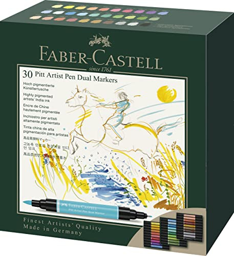 Faber-Castell Konst & Grafisk Pitt Artist Pen Dual Marker Indiskt bläck, Flerfärgad, Plånbok med 30, för konst, hantverk, ritning, skissning, hem, skola, universitet, färgning