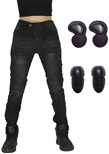 SHAIYOU Damen Motorradhose Jeans,Motorcycle Biker Pants Motorrad Hose Motorradrüstung Schutzauskleidung Mit 4 Abnehmbarer Protektoren (Schwarz,S)