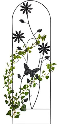 Relaxdays Spaljé metall, blomdesign, växtstöd för klätterväxter, för stickning, H x B: 120 x 40 cm, svart