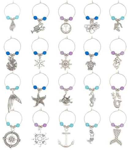 BENECREAT 20 Sets Beach Theme Wine Glass Charm, Nautical Mermaid Boat Rudder Starfish Turtles Conch Alloy Drink Markers Tags Identification for Stem Glass Wine Tasting Party