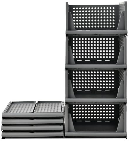 RMAN Schubladenbox 4er Set Kleiderschrank Organizer Stapelbare Schrank Regal Aufbewahrungsbox Plastik Trennwand Stapelschubladen für Kleidung Küchen Schlafzimmer Grau