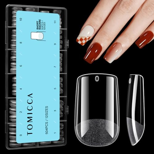 TOMICCA Quadrat 504 Stück Künstliche Nageltips Gel Tips für Gelnägel | 12 Größen Acryl Nail Tips, Leicht Einfärbbar, Haftstark, Biegfest und Bruchsicher, für Nagelstudios und DIY Nagelkunst