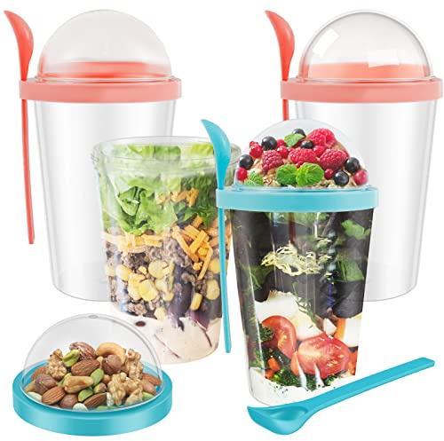 Fyeme 4 Stück Joghurtbecher Mit Löffel Deckel 100% BPA-FREI Joghurt Becher mit Deckel 0-50° Overnight Oats Behälter Salatbecher Doppelschichtiges Design Müsli Becher