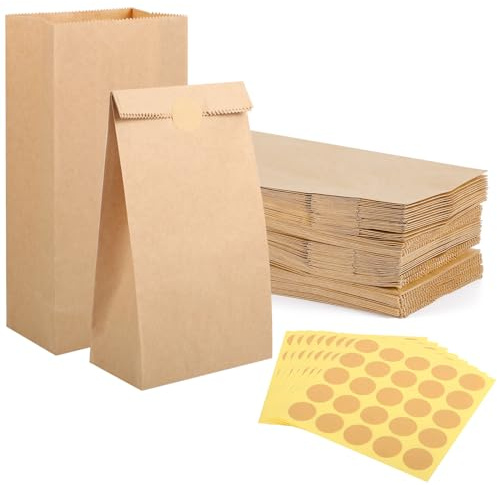 200 Stk. Papiertüten Klein, 18x9x5,5cmGeschenktüten Braun Kraftpapiertüten | Papiertüten Braun Klein Butterbrottüten Mitgebseltüten mit Aufkleber DIY Adventskalender Geburtstag Hochzeit Candy bar