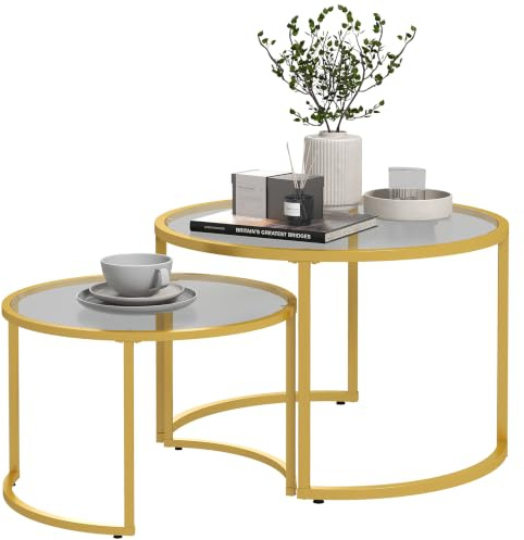 HOMCOM Couchtisch-Set aus 2 Teilen mit Glasplatte, Stahlgestell, Gold | Moderne Nesttische für Wohnzimmer
