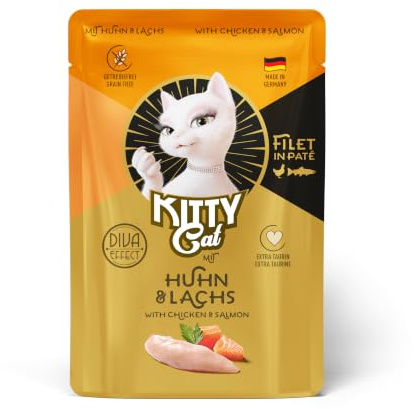 KITTY Cat Filete en paté de Pollo y salmón, 6 x 85 g, Comida húmeda Gourmet para Gatos, la Mejor Comida para Gatos con taurina, Aceite de salmón y mejillón de Labios Verdes, sin Cereales con Mucha