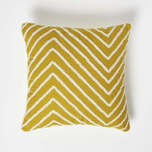 HOMESCAPES Senapsgul chevron 100 % bomull tuftad kudde 45 x 45 cm texturerad sicksack prydnadskudde för säng eller soffinsats ingår