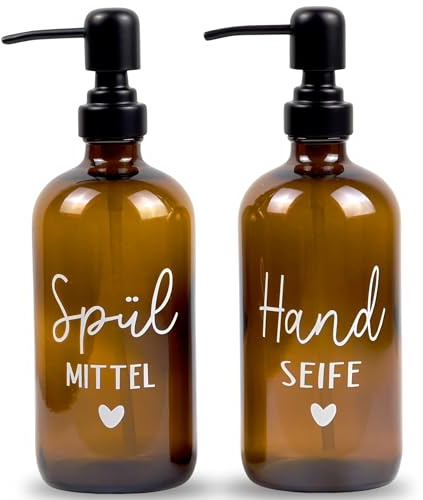 Glas Seifenspender 500ml - Spülmittelspender für Küche, Seifenspender für Badezimmer, Schwarzer Pumpspender (Spülmittel + Handseife mit Metallspender)