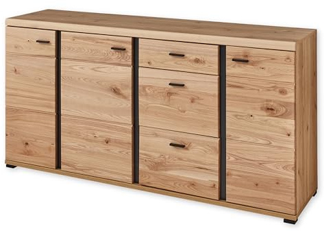 Stella Trading SONOS Sideboard mit Schubladen in Altesche massiv, Old Artisan Oak Optik FSC-Zertifiziert - Moderne Kommode mit viel Stauraum - 173 x 86 x 42 cm (B/H/T) | 173 x 86 x 42 cm (B/H/T), 3 Türen, 3 Schubkästen mit Softclose-Einzug, FSC-zertifiziert, matte schwarze Akzente