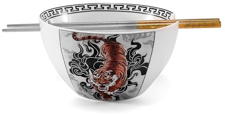 Hagary Tiger Ramen Bowl with Chopsticks Ceramic Bowl Stainless Steel Chopsticks Japanese Style Udon Miso Noodle Soup Bowls Designed in Korea (20 oz)