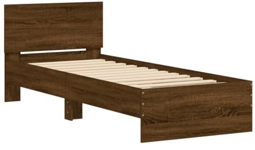vidaXL Estructura de Cama con Cabecero Luces LED, Somier de Listones de Invitados, Armazón de Cama, Mueble para Dormitorio, Marrón Roble 90x190 cm