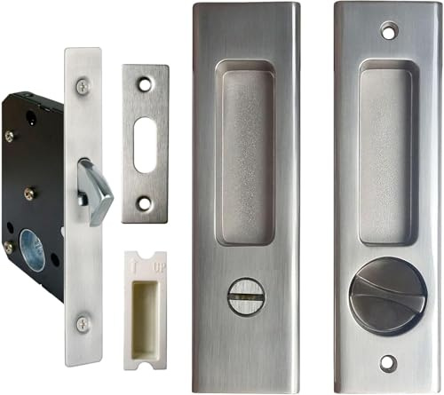 LWZH Sliding Pocket Door Lock，Brushed Silver Mortise Lock,Rectangular Recessed Handle Wooden Door Lock,160mm,No Key Hole,Easy Installation