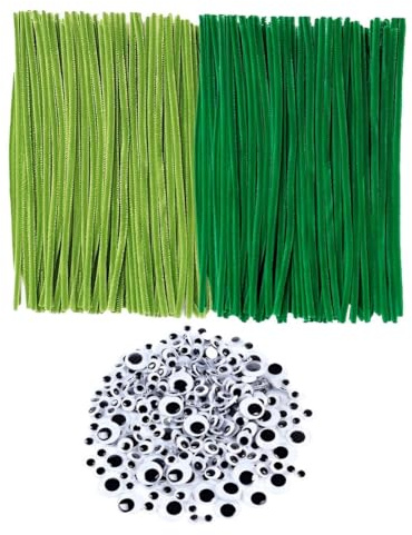 Pfeifenreiniger Grün - 200 Stück - 30 cm Pfeifenputzer Zum Basteln Chenilledraht mit 100 Wackelaugen Selbstklebend für DIY Basteln, Blumen, Dekorieren(Dunkelgrün + helles Armeegrün)