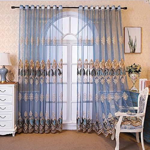 KEKUYA Voile Gardinen Transparent Ösenvorhang Wohnzimmer Schlafzimmer Luftig Dekoschal und Sonnenlichtfilterung 2er Set 229 x 229 cm(BxH) Blaue Stickerei