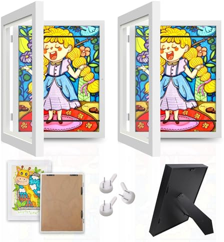 Krobby – Kinder-Zeichnungsrahmen – Rahmen zur Aufbewahrung von Zeichnungen – Magnetische Frontöffnung – Platz für 150 Zeichnungen – Weißes Design – A4-Rahmen (21 x 29,7 cm) – 2er-Pack Bilderrahmen
