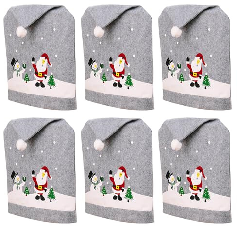 MinkeyBear Stuhlhussen mit Weihnachtsmannmütze, Stuhlrückenschonbezüge für Weihnachten, Esszimmer, Verzierung, Stuhldekoration, Grau, 1/4/6 Stück