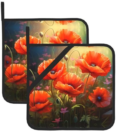 BROLEO Topflappen-Set, 20,3 x 20,3 cm, hitzebeständiges und langlebiges Küchenzubehör mit wasserdichtem Stoff, Mohnblumen, 1 Bild
