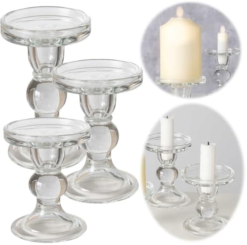 LS-LebenStil Glas Kerzenständer 3er Set 8-13cm Klarglas Klar durchsichtig Kerzenhalter für LED Kerzen Stabkerzen/Stumpenkerzen Stabkerzenhalter Kerzenleuchter Tisch-Deko Stumpenkerzen-Halter