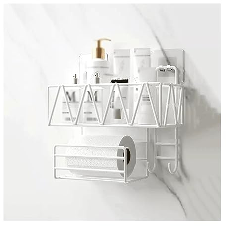 Bathroom Shelves Toilet Wall Storage Rack Washstand Double Layer Cosmetic Storage Rack with Tissue Holder and Hook Wall Mounted Metal Storage Rack Without Punching Shower Storage Rack(White)