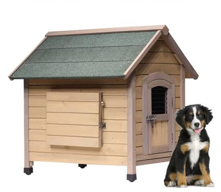 Hundehütte Outdoor Große Hunde Holz mit Fenstern Abnehmbar und Waschbar Hundehöhle Mittelgroße Hunde Hundehaus Outdoor Winterfest Isoliert(85 x 88 x 78cm)