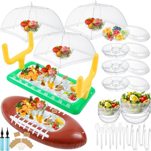 FillTouch 128 Pcs Inflatable Buffet Cooler for Parties 2 Football Inflatable Serving Bar 6 Salad Bowl 3 Food Cover 12 Serving Utensils 5 Tray 100 Labels Football Party Decorations