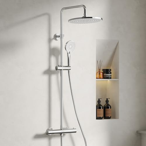 Duschsystem mit Thermostat, Chrom Duscharmatur Komplettset mit 255MM Regendusche, Rund Regendusche mit Armatur, Handbrause 3 Strahlarten, Duschset mit 110-125 cm Höhenverstellbar