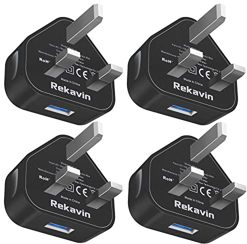 USB Plug 4-Pack UK 3 Pin, USB Charger Plug Adaptor 5V/1A Wall Plug Socket Phone Adapter Multiple Mains Chargers Quick Charging for iPhone Apple 14 Pro Max 14 Plus 13 12 11 SE XS XR 8 7 6, for iPad