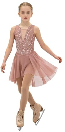 Hansber Robes De Patinage Artistique Filles Strass Paillettes Robe De Danse sans Manches Body Danse Patchwork Maillot Justaucorps avec Jupe en Chiffon #6-16 Ans Rose poudré 9-10 Ans