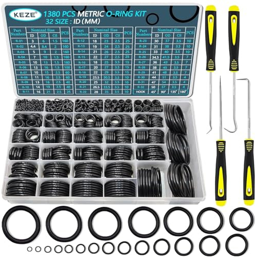 KEZE 32 Size 1380 Pcs Metric Rubber O Rings Assortment Kit with 4 Pieces O Rings Remover Tools Set for Assorted Tap Plumbing Automotive Repair Air or Gas Sealing ID 3mm-50mm