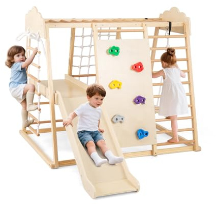 GOPLUS Estructura de Escalada Infantil de Madera 8 en 1, Triángulo para Niños con Tobogán, Escalera, Columpio y Barra, Centro de Actividades Montessori para Interiores, para Niños 3+ (Natural)