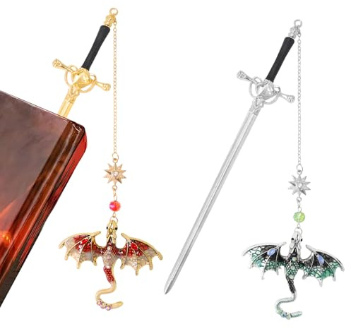2 Stück Personalisierte Drache Schwert Lesezeichen, lesezeichen schwert drache, kelesezeichen fantasy, lesezeichen metall, Vintage-Stil, Einzigartiges Geschenk für Frauen Männer Bücherwu(Silber/Gold)