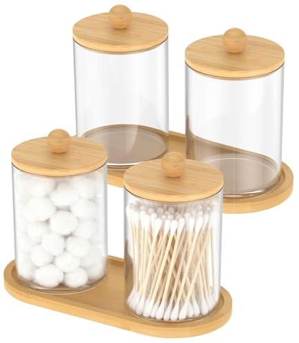 BUTORY 4 Stück Wattestäbchen Behälter, Wattestäbchen Aufbewahrungsbox mit Bambusdeckel, Wattepads Aufbewahrung mit 2 Stück Tablett, Qtip-Halter für Schminktisch, Badezimmer, Kosmetik, Schlafzimmer